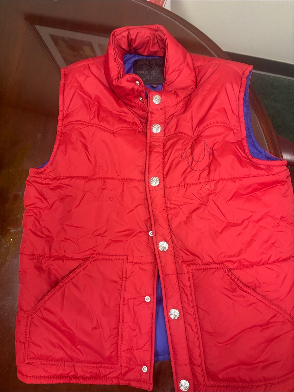 True Religion Red Quilted Kids Puffer Vest with Contrast Blue Lining